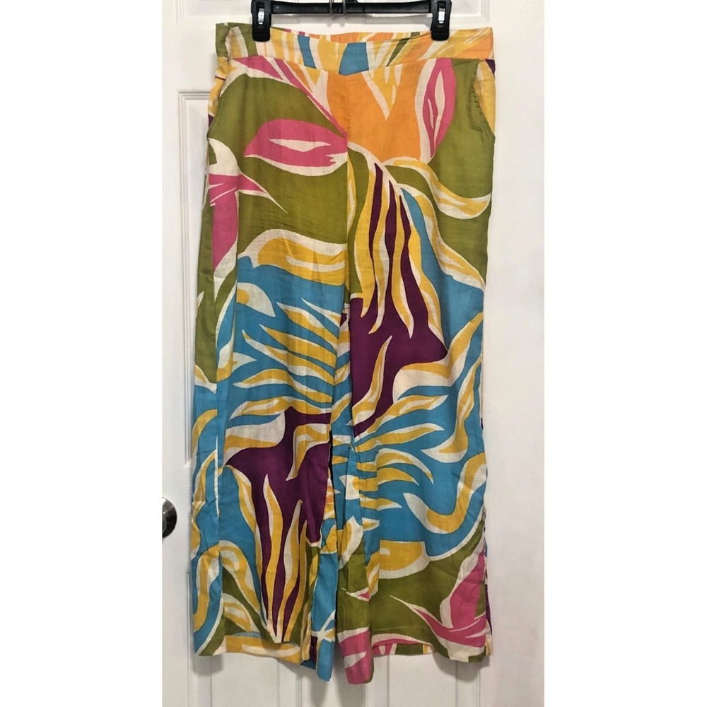 Christian Siriano XL Linen Blend Wide Leg Pants Tropical Print Boho Resort